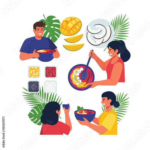People preparing and enjoying healthy smoothie bowls with tropical fruits and various toppings.
