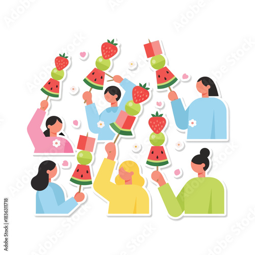 A group of diverse women happily holding up colorful fruit skewers with watermelon, strawberries, and grapes, depicted in a cheerful flat design style.