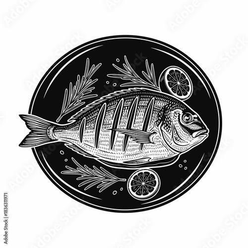 Engraved Fish with Lemon and Rosemary on Plate seafood
