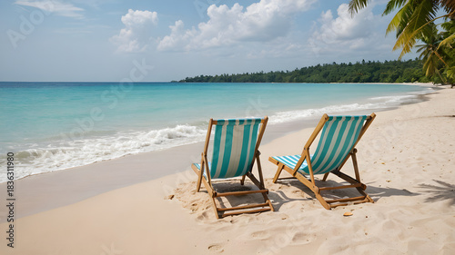 Beach chair holiday poster with a pair of chairs, celebrating seaside relaxation, tranquility, and timeless vacation charm.