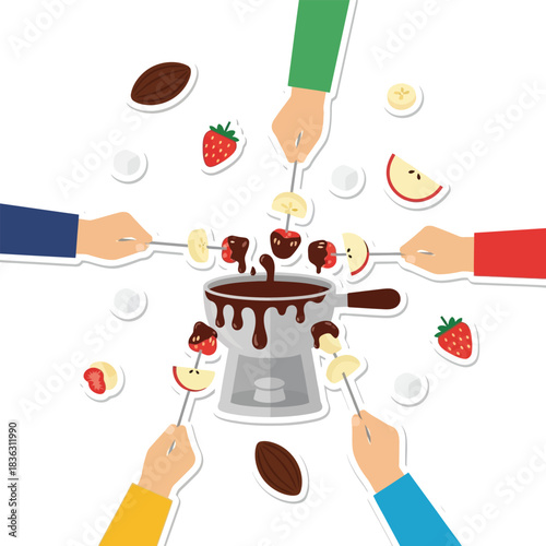 People enjoying a chocolate fondue party with various fruits like strawberries, bananas, and apples.