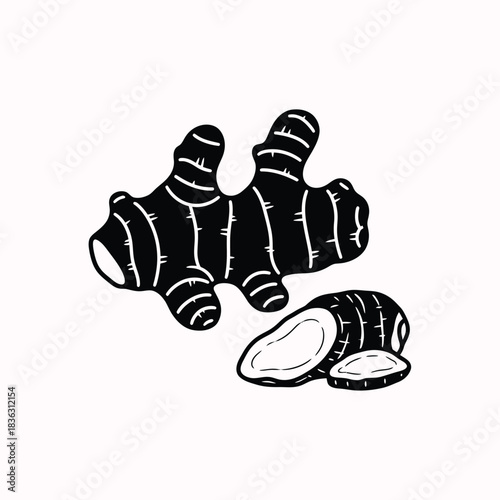 Ginger Root and Slices Silhouette ginger, spice, root, rhizome, food, ingredient