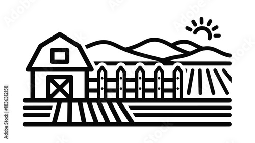 Farm Scene Icon with Barn Fields and Sun farm, barn, field, fence, sun, agriculture