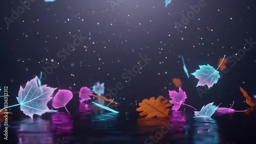 Bioluminescent Leaves Falling — Neon Nightfall 4K Motion Stock Footage