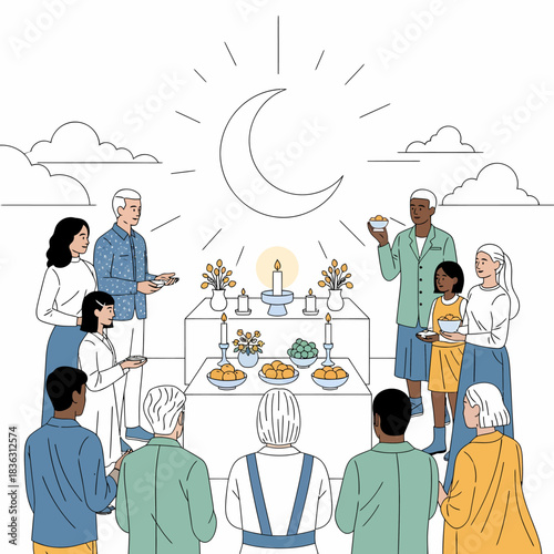 Diverse community gathers for a spiritual ceremony under a crescent moon, sharing food and offerings.