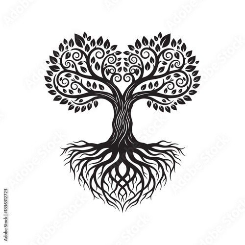 Stylized tree with intricate roots and lush leaves, nature symbol
