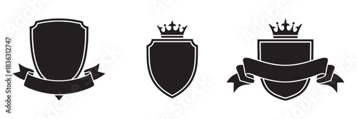 Shield and banner icons with crowns, emblem vector set on white.