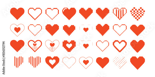 Pixel art heart collection for social media posts, red love signs, digital like icons, video game graphic elements