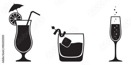 Collection of various drink icons: cocktails, spirits, champagne