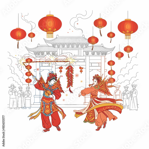 Two traditional Chinese opera performers celebrating with firecrackers and lanterns in front of an ancient temple gate, depicting a festive cultural scene.