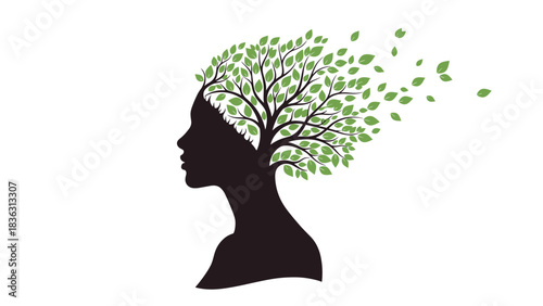 Silhouette of a woman's profile with her hair depicted as a tree with green leaves blowing in the wind, symbolizing nature.