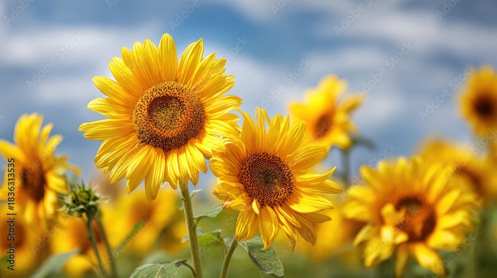 Fototapeta premium A vibrant field of sunflowers with a clear blue sky in the background, showcasing the bright yellow petals and vibrant orange centers.