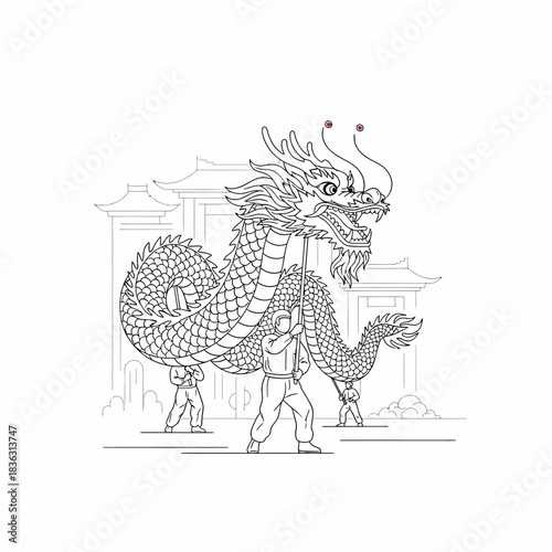 A detailed line drawing of a traditional Chinese dragon dance performance with people carrying the dragon.