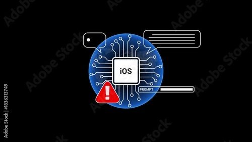 Digital Circuit Board with iOS Chip and Warning Symbol on Black Background technology