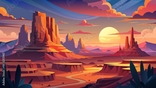 Very beautiful sunrise from Hunts Mesa revealing towering desert buttes, sweeping sandstone mesas, glowing sky colors, and expansive Southwestern wilderness ideal for dramatic landscape art and travel