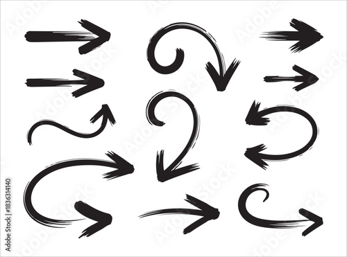 Collection of hand-drawn brush stroke arrows pointing various directions, useful for creative designs