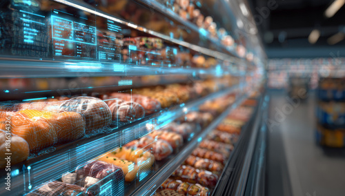 Digital twin technology displayed in grocery store refrigerated display case, highlighting food products with futuristic blue overlay