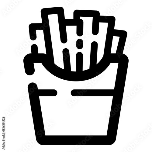 A clean and simple outline icon of a fries container filled with crispy potato sticks, perfect for fast-food menus, restaurant branding, food delivery apps, snack illustrations, and various culinary-t