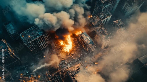 Cinematic top-down view of a destroyed city with buildings burning and thick smoke rising. Devastation and warfare in an urban area