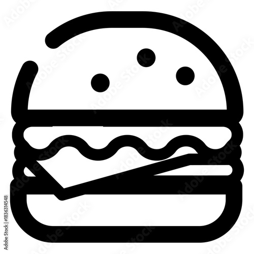 A clean outline burger icon featuring a bun with sesame seeds, layered fillings, and a simple minimalist style. Perfect for restaurant menus, fast-food branding, cafe signage, delivery apps, and food-