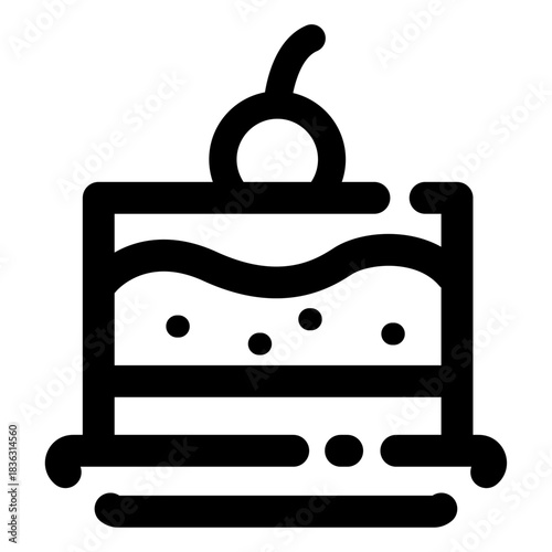 A simple and bold outline cake icon featuring layered sponge, icing details, and a cherry on top. Ideal for bakery branding, pastry shop menus, celebration graphics, dessert apps, and various sweet-th