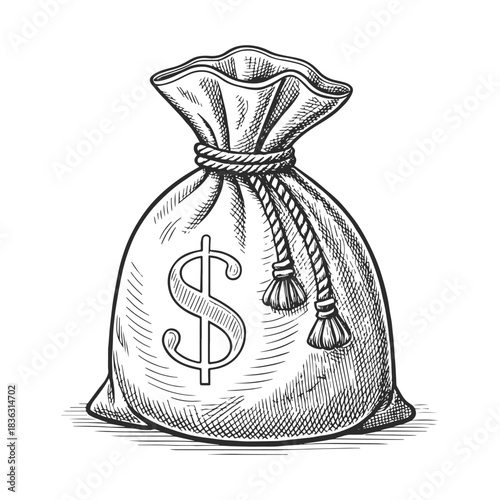 Vintage engraving of a money bag with a dollar symbol. Detailed hand-drawn financial illustration for banking, investment, savings, wealth and business design projects.