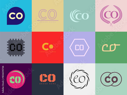 CO logo company template. Letter c and o logotype. Set different classic serif lettering and modern bold text with design elements. Initial font typography.