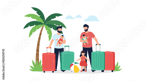 Happy gay couple with their children and luggage standing by a palm tree, ready for a tropical family beach vacation.