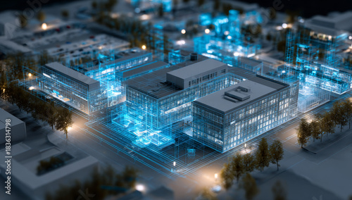 Digital twin visualization of a modern hospital building: architectural render with glowing blue lines and detailed 3d structure