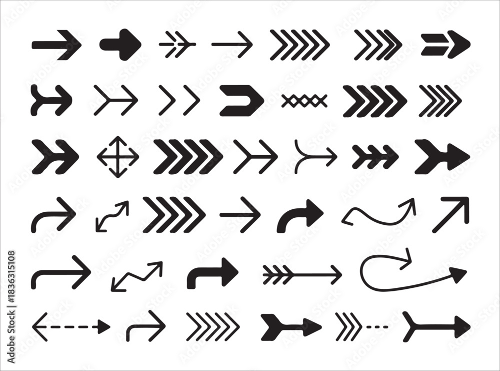 Naklejka premium Set of black arrows icons. basic directional signs, forward back left right pointer symbols. diverse arrow set