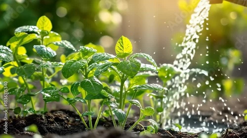 Close-up of water pouring from a watering can onto young seedlings. Fresh green plants growing in fertile soil receiving essential care