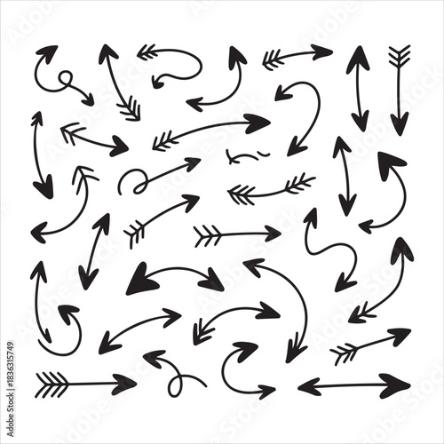 Set of hand drawn doodle arrows isolated on white background indicating different directions and movements