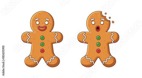 A pair of festive gingerbread men, one happy and whole, the other shocked with a bite taken out of its head, on a white background.