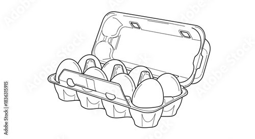 Detailed black and white line art illustration of an opened plastic egg carton with ten eggs neatly arranged inside, presented on a white background.