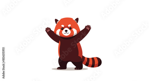 A cute, happy red panda character standing upright with its arms raised, showcasing its distinctive red and dark brown fur and striped tail.