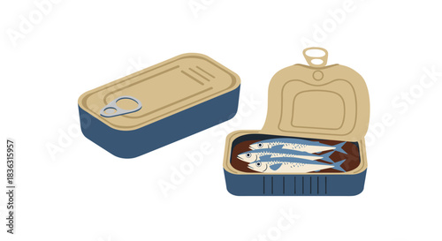 An illustration depicting a closed sardine can and an open one revealing three small fish in liquid, set against a white background.