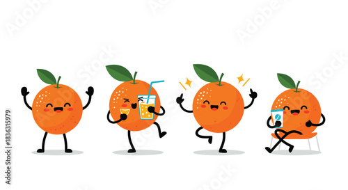 Collection of happy and cute cartoon orange characters having fun, drinking juice, dancing, and relaxing with a drink.