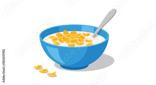 A bright cartoon illustration of a blue bowl of cornflakes with milk and a spoon, featuring a few scattered flakes on a white background.