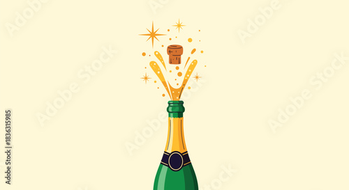 A vibrant green and gold champagne bottle pops its cork, releasing a celebratory burst of golden liquid and glittering sparkles against a light background.
