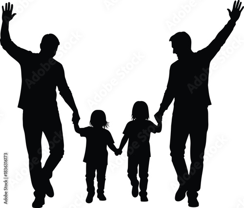 Family walking silhouette, unity gesture, parents with children, raised arms, togetherness icon, black figure, emotional bond, parenting theme, social support, love, connection, harmony