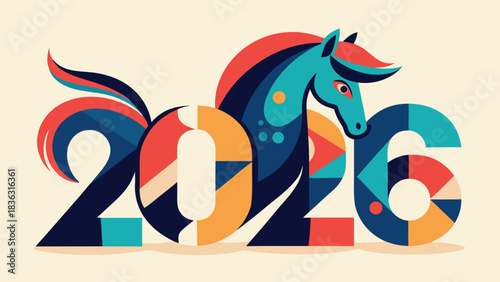 Colorful horse alongside Happy New Year 2026 text, representing festive cheer and the arrival of the new year..eps