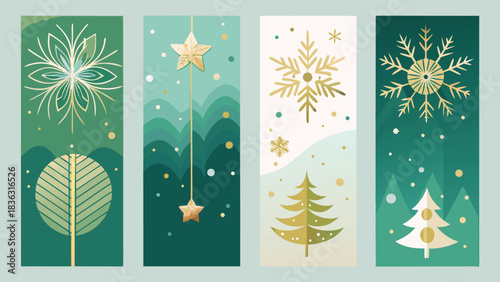 Christmas banners adorned with rich gold and green colors, ideal for holiday celebrations and decor..eps