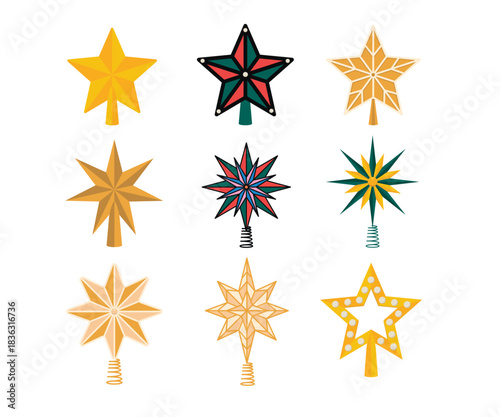 Collection of various Christmas tree star toppers with different designs and colors, festive holiday decorations.
