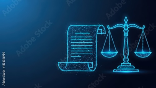 Abstract blue digital representation of legal scales and parchment document symbolizing justice and law
