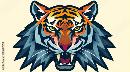 Tiger face icon: A captivating artistic rendition of a tiger face. This illustration features vibrant colors and sharp lines, showcasing the fierce elegance of the animal's features