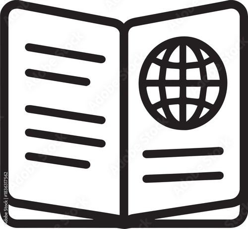 An open passport icon in vector style, symbolizing international travel and exploration with the globe, a powerful symbol of global travel.