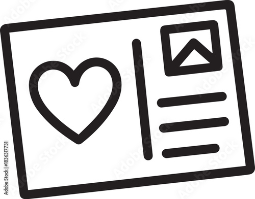 A minimalist illustration of a romantic postcard featuring a bold heart shape and a small scenic image conveys feelings of love, friendship, and connection. 