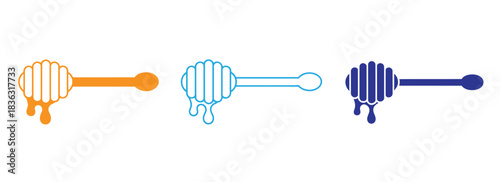 Wooden honey stick, honey dipper. Healthy food and diet concept. Honey spoon logo or icon. Of the beehive, honeycomb. Line pattern. chopsticks tools.