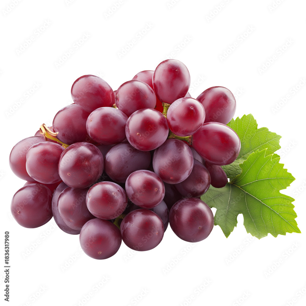 Fototapeta premium A bunch of ripe red grapes with green leaves on a white background isolated on a transparent background