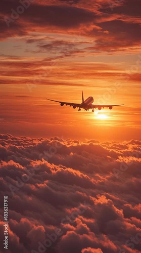 Airplane flying above the clouds at sunset